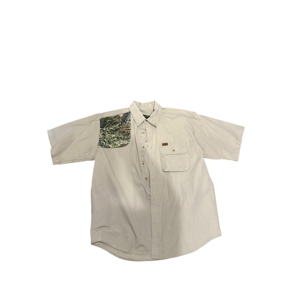 Sportsmans Warehouse Outfitter‎ Mens Large Tan Shooting Shirt Camo Patch Cotton